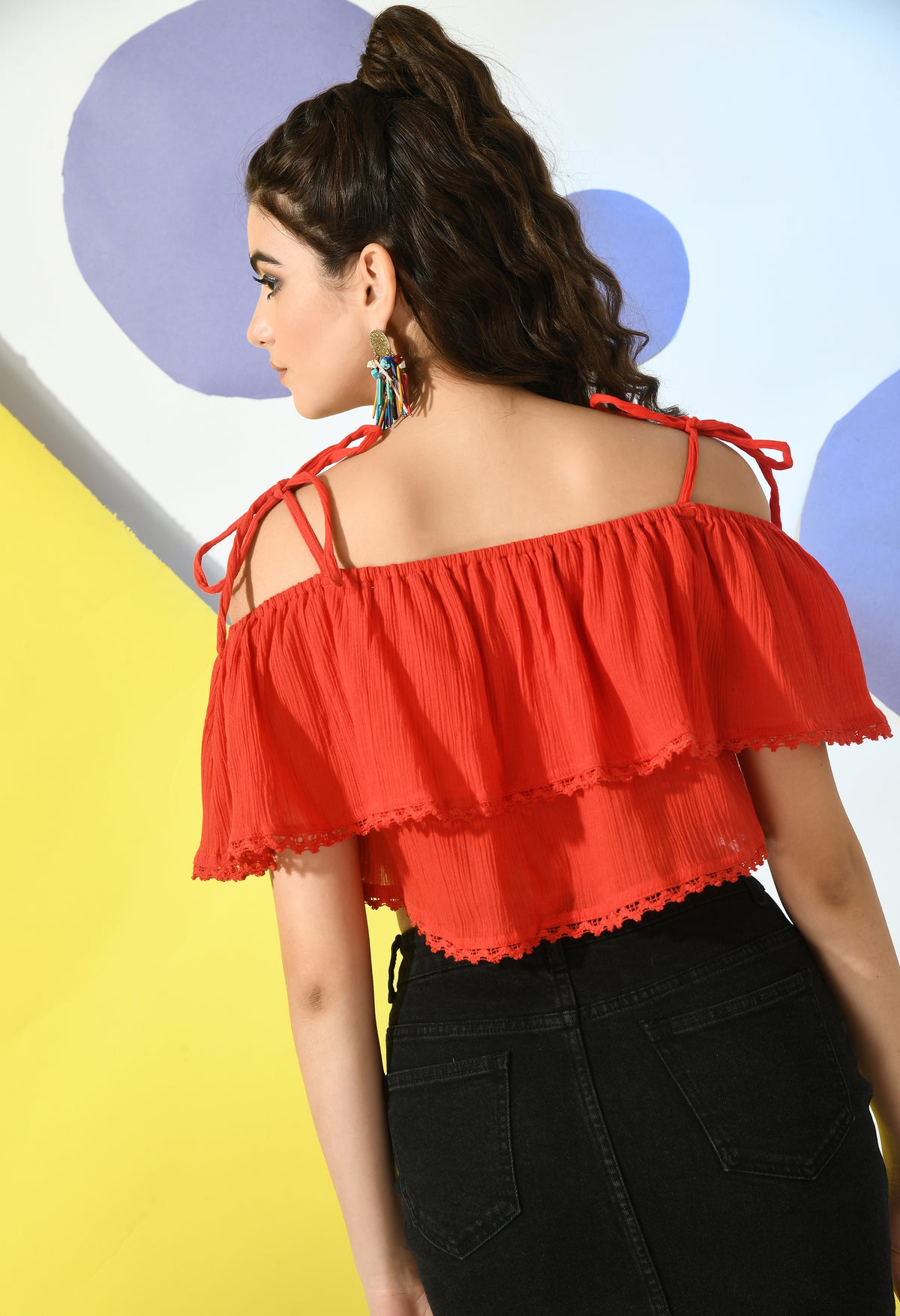 Casual Off Shoulder Sleeve Embroidered Women Red Top