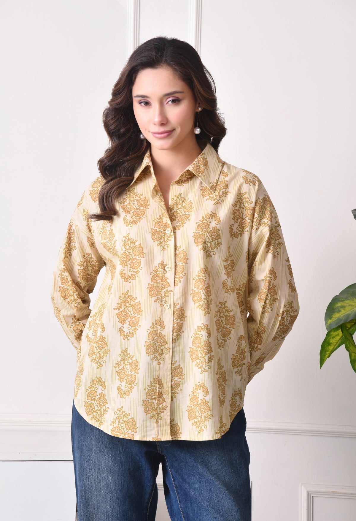 Women Relaxed Fit Striped, Floral Print Spread Collar Casual Shirt