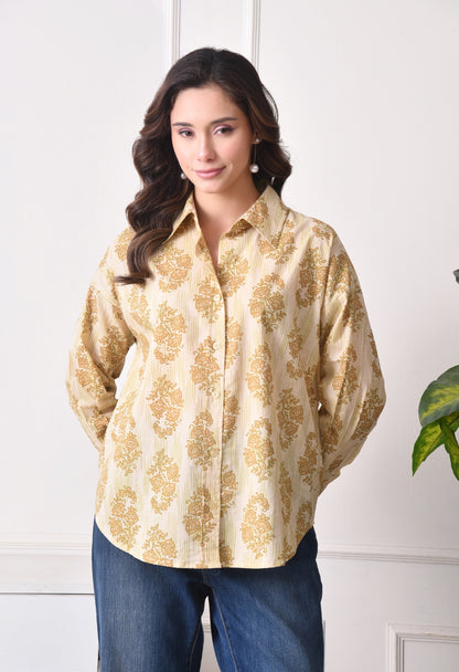 Women Relaxed Fit Striped, Floral Print Spread Collar Casual Shirt