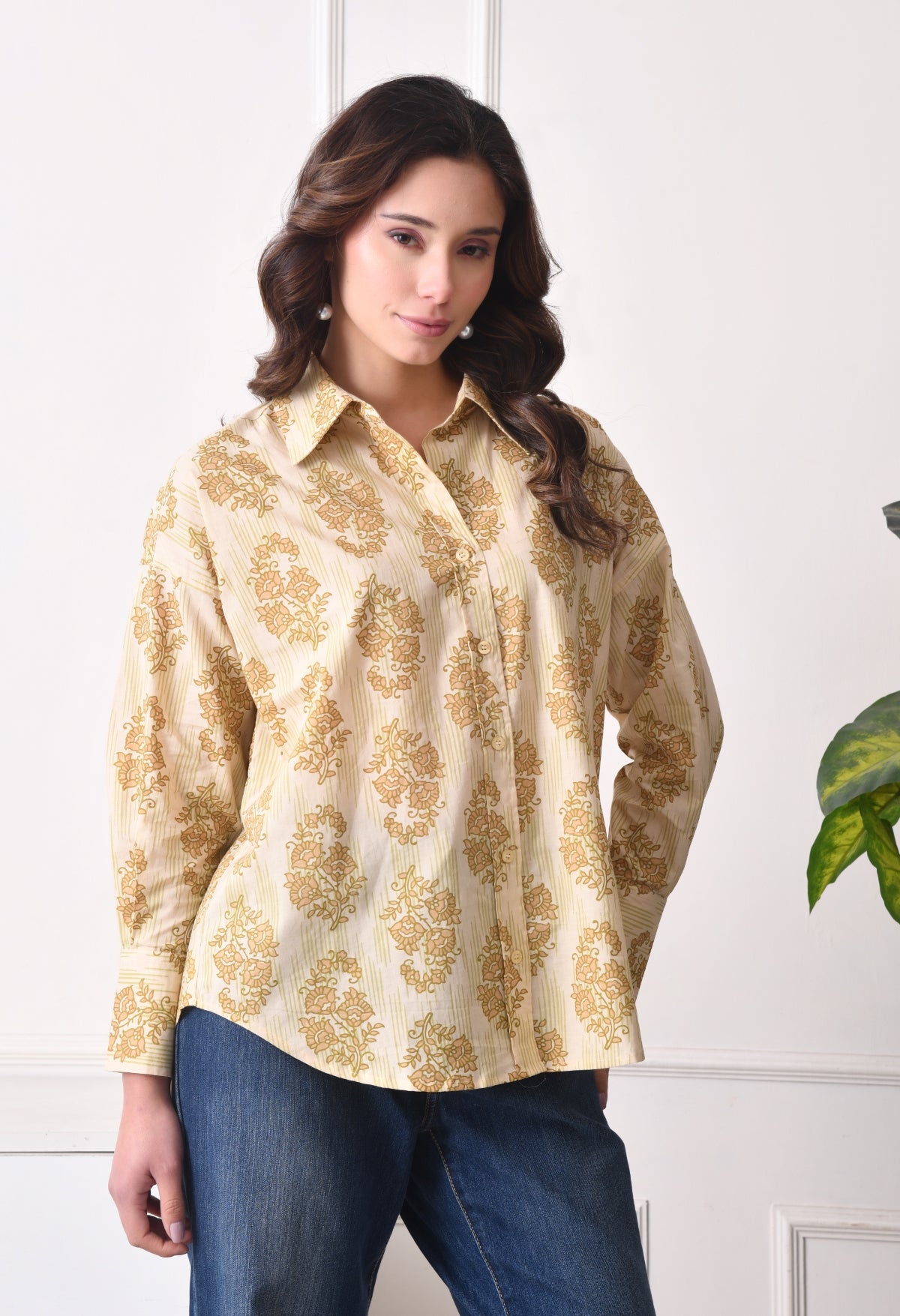 Women Relaxed Fit Striped, Floral Print Spread Collar Casual Shirt