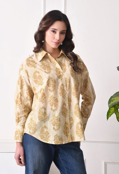 Women Relaxed Fit Striped, Floral Print Spread Collar Casual Shirt