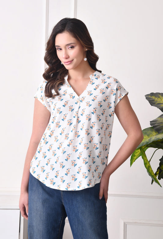 Casual Cap Sleeves Floral Print, Printed Women White Top