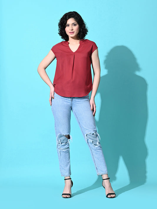 Casual Cap Sleeves Solid Women Red Top