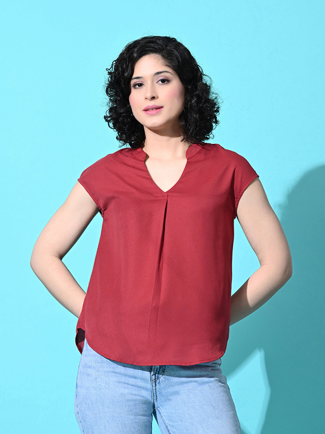 Casual Cap Sleeves Solid Women Red Top