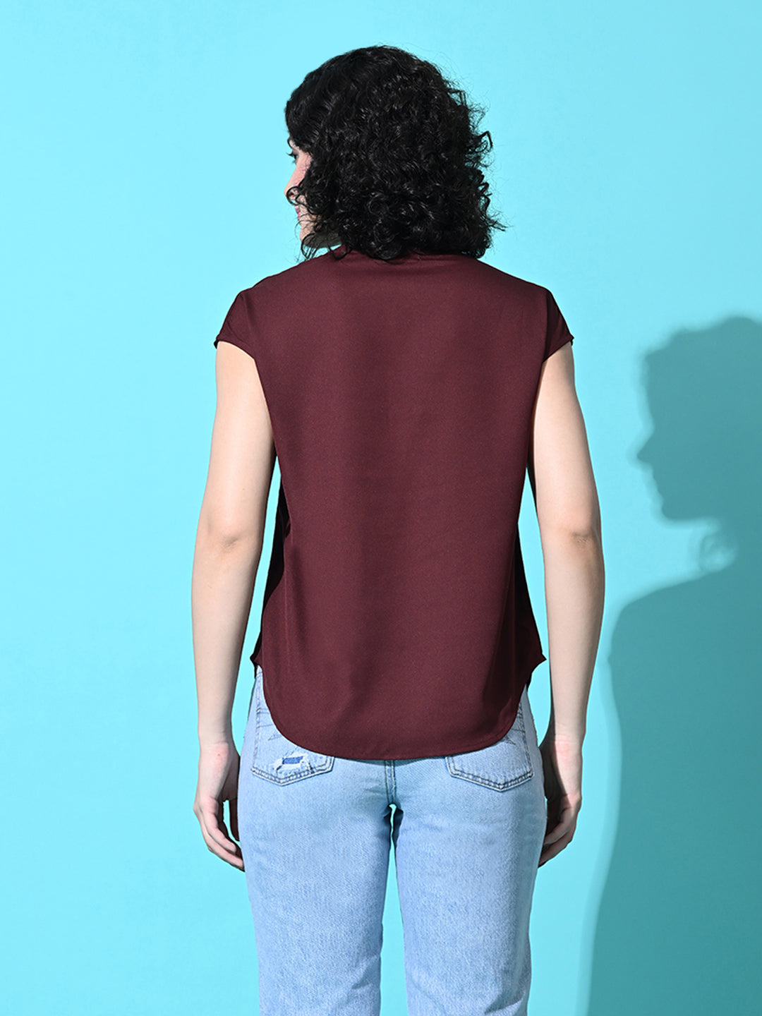 Casual Cap Sleeves Solid Women Brown Top