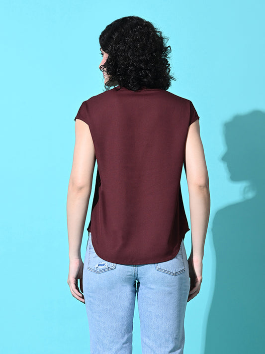 Casual Cap Sleeves Solid Women Brown Top