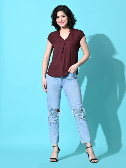 Casual Cap Sleeves Solid Women Brown Top