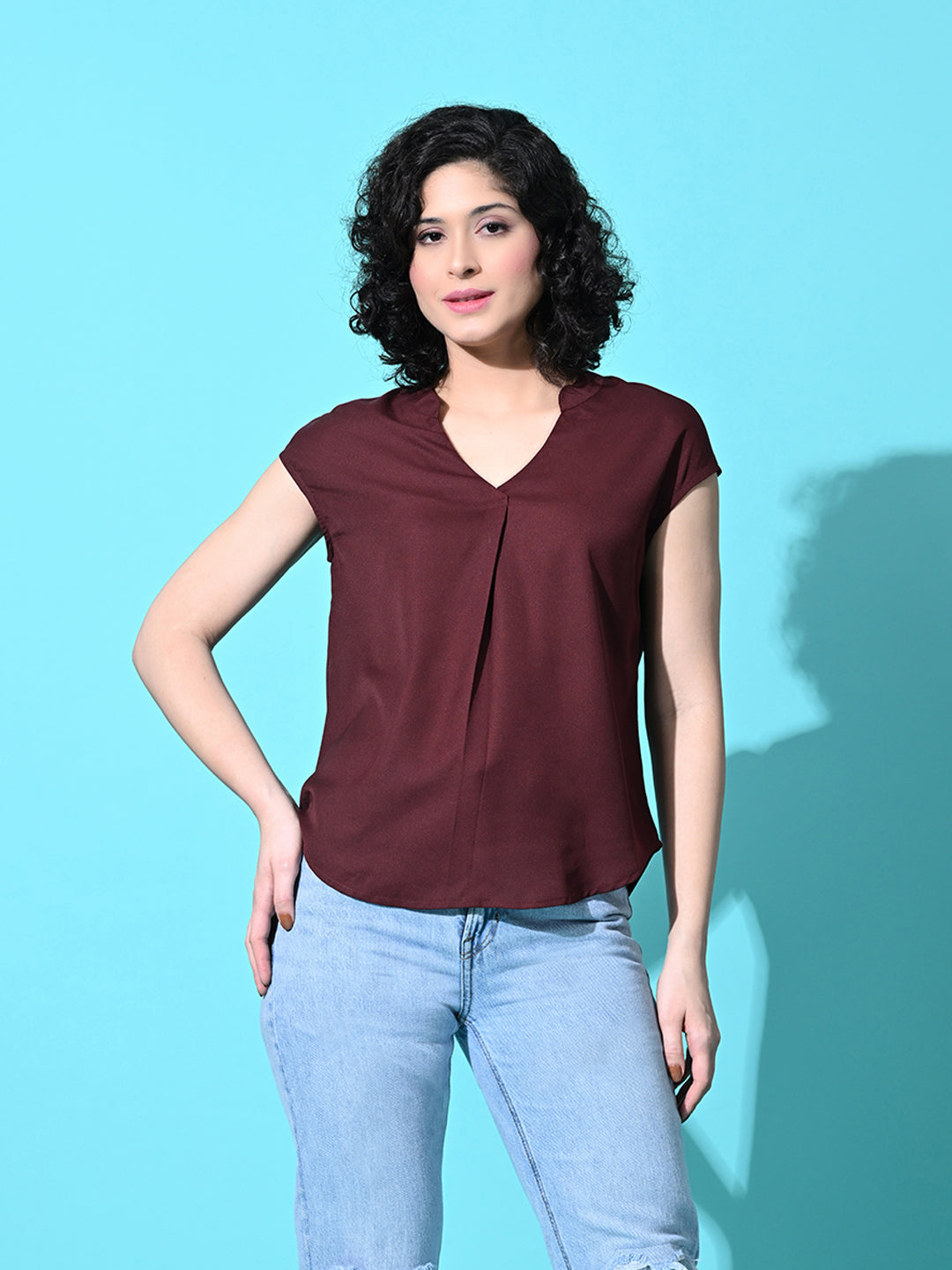Casual Cap Sleeves Solid Women Brown Top