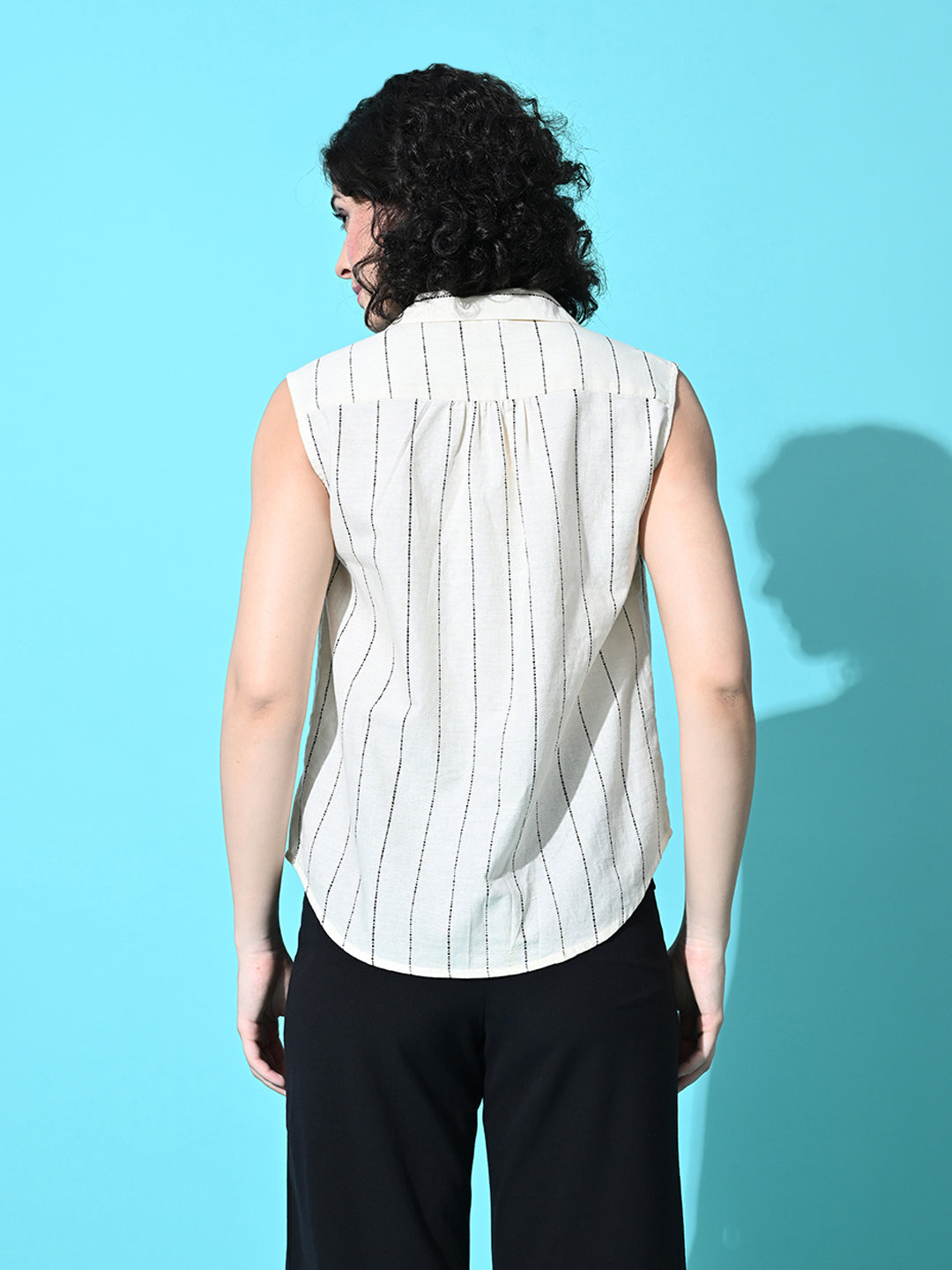 Casual Sleeveless Striped Women White Top