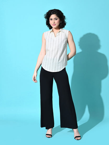 Casual Sleeveless Striped Women White Top