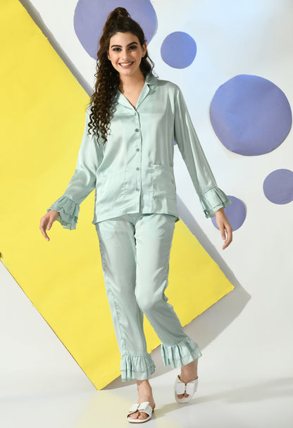 Women Shirt & Pyjama set Light Green Solid