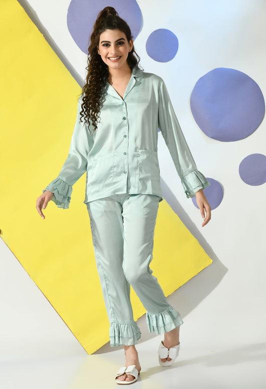 Women Shirt & Pyjama set Light Green Solid