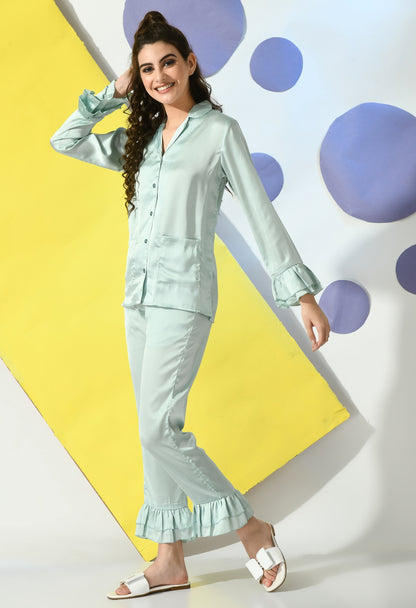 Women Shirt & Pyjama set Light Green Solid