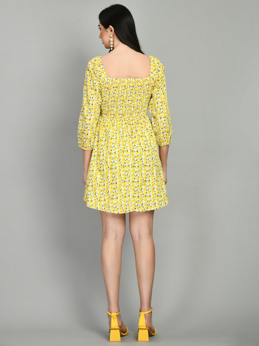 Women Fit and Flare Yellow, White, Dark Green Mini/Short Dress