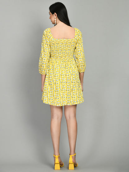 Women Fit and Flare Yellow, White, Dark Green Mini/Short Dress