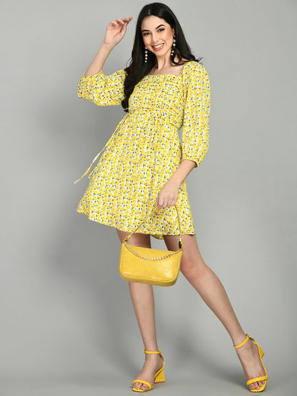 Women Fit and Flare Yellow, White, Dark Green Mini/Short Dress
