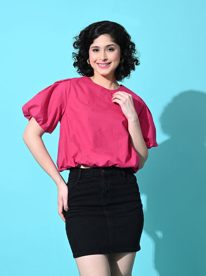 Casual Balloon Sleeve Solid Women Pink Top