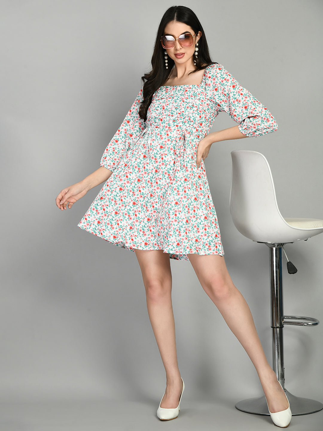 Women Fit and Flare White, Green, Red Mini/Short Dress