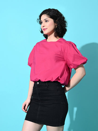 Casual Balloon Sleeve Solid Women Pink Top