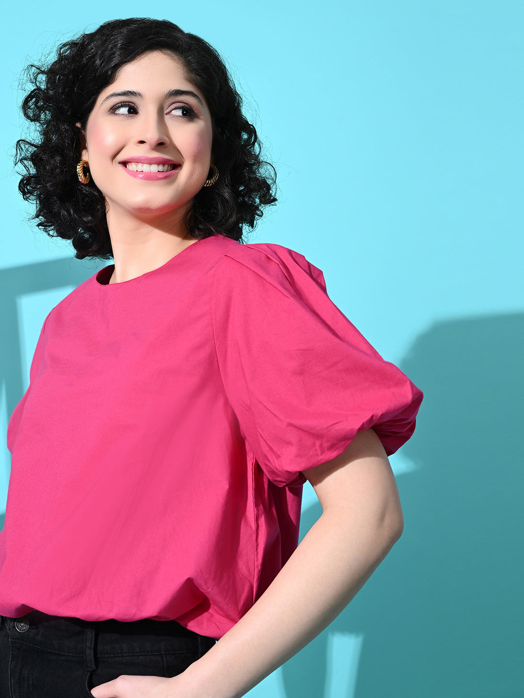 Casual Balloon Sleeve Solid Women Pink Top