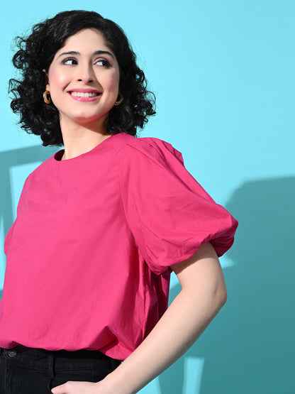 Casual Balloon Sleeve Solid Women Pink Top