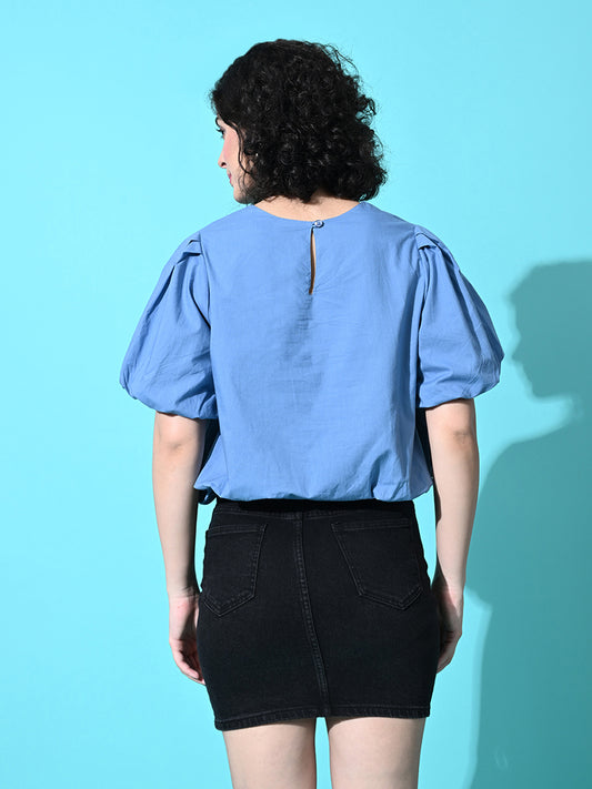 Casual Balloon Sleeve Solid Women Blue Top