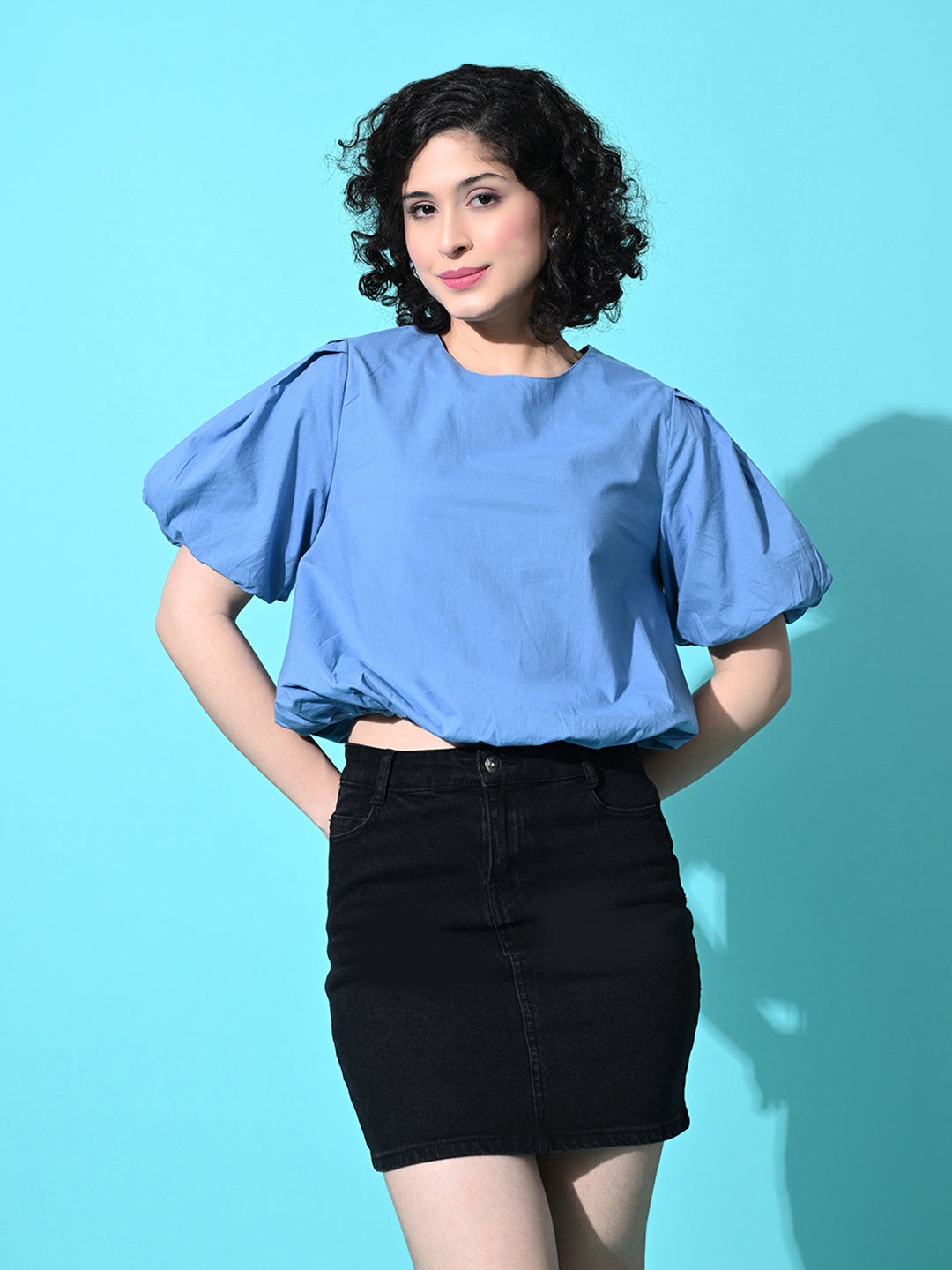 Casual Balloon Sleeve Solid Women Blue Top