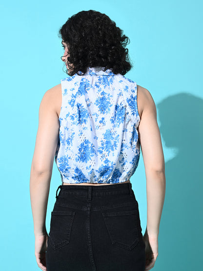 Casual Sleeveless Printed Women Blue Top