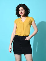 Women's Yellow Solid Cap Sleeve V-Neck Crop Top