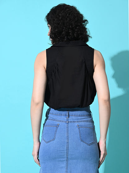 Casual Sleeveless Solid Women Black Top
