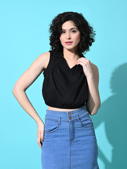 Casual Sleeveless Solid Women Black Top