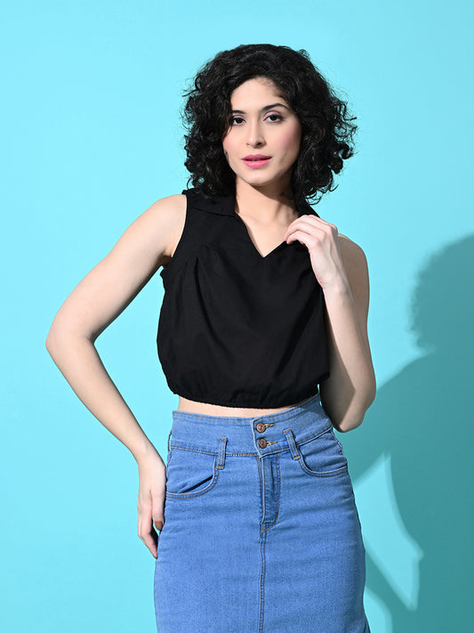 Casual Sleeveless Solid Women Black Top