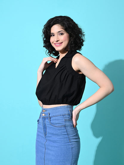 Casual Sleeveless Solid Women Black Top