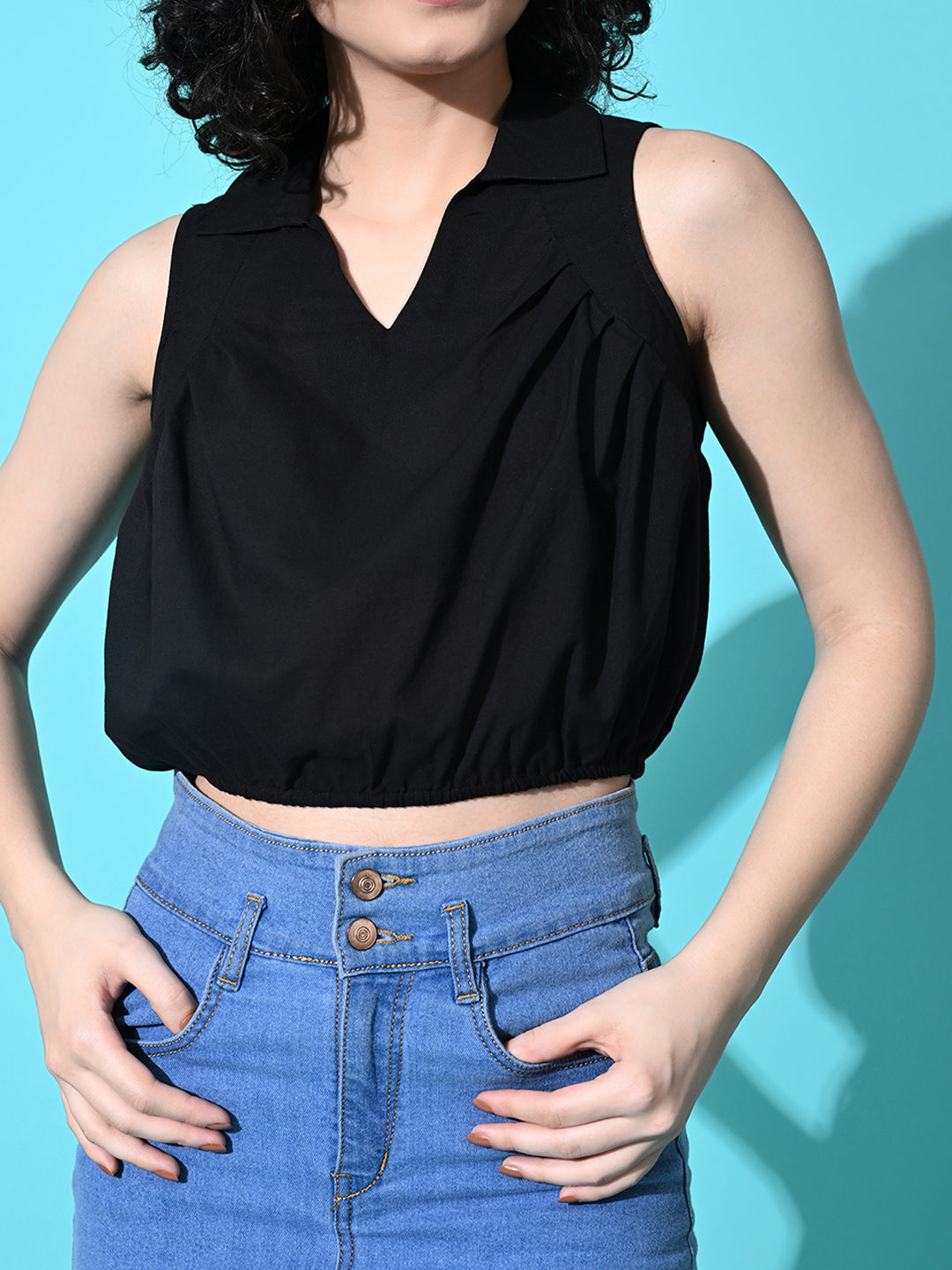 Casual Sleeveless Solid Women Black Top