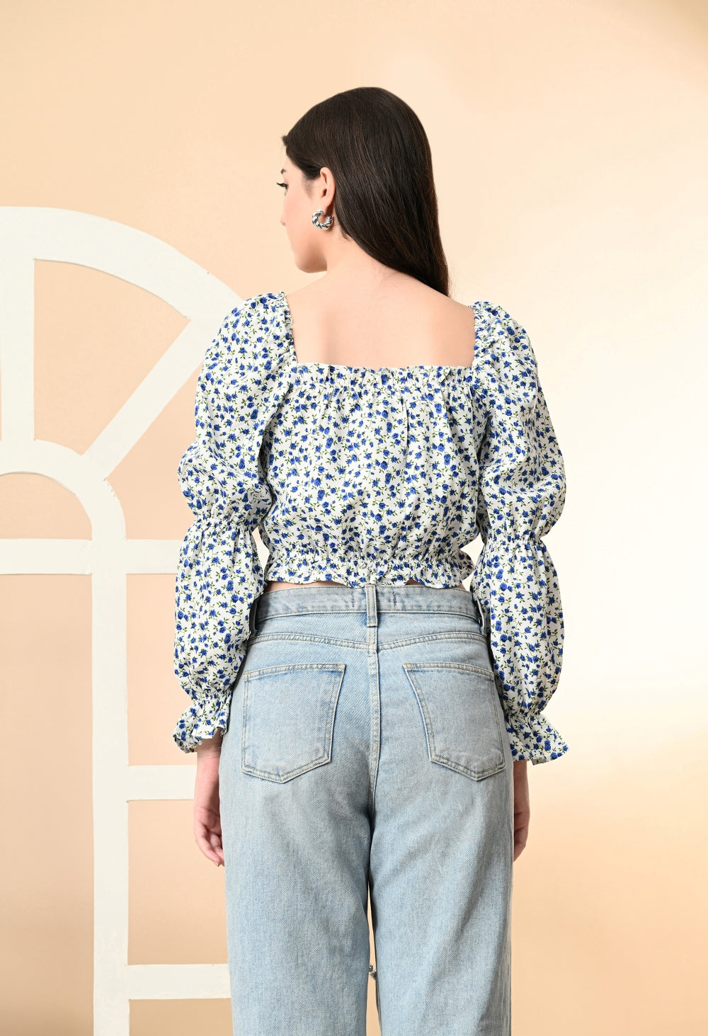 Casual Puff Sleeves Printed Women White Top