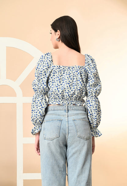 Casual Puff Sleeves Printed Women White Top