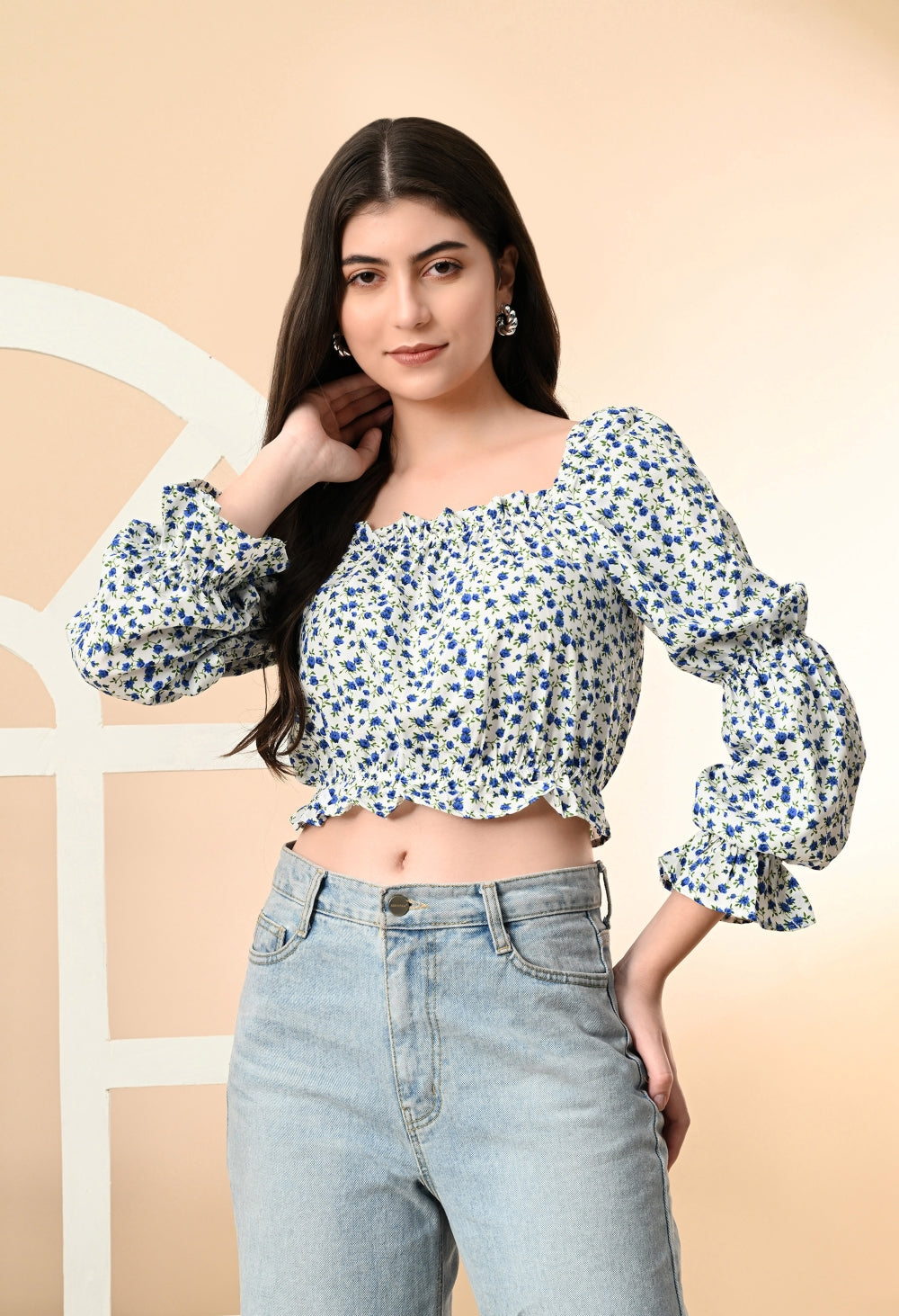 Casual Puff Sleeves Printed Women White Top