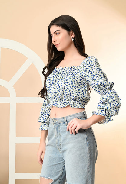 Casual Puff Sleeves Printed Women White Top