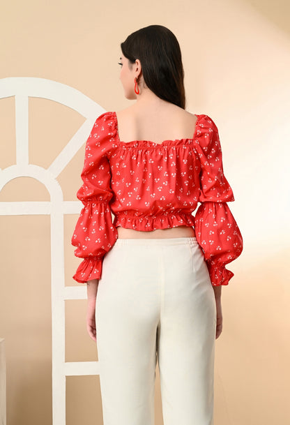 Casual Puff Sleeves Printed Women Red, White Top