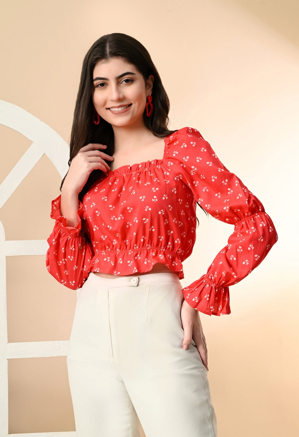 Casual Puff Sleeves Printed Women Red, White Top