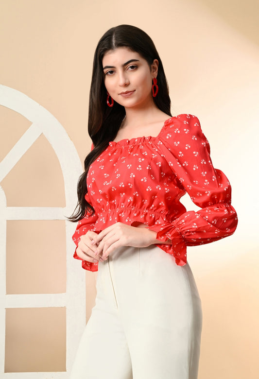 Casual Puff Sleeves Printed Women Red, White Top