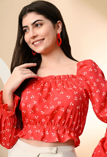 Casual Puff Sleeves Printed Women Red, White Top