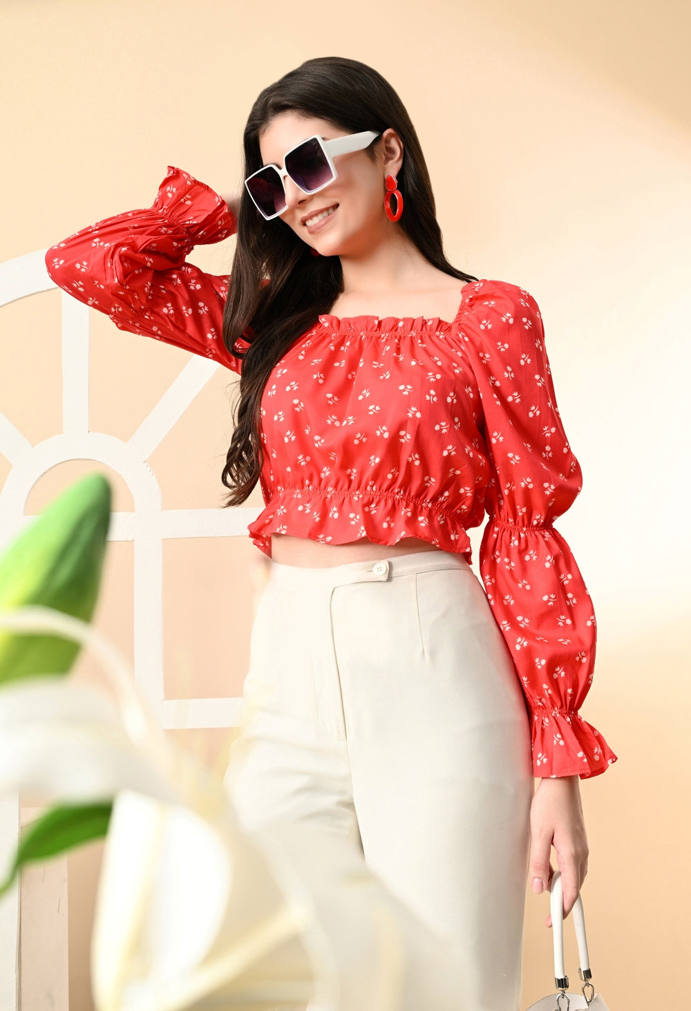 Casual Puff Sleeves Printed Women Red, White Top