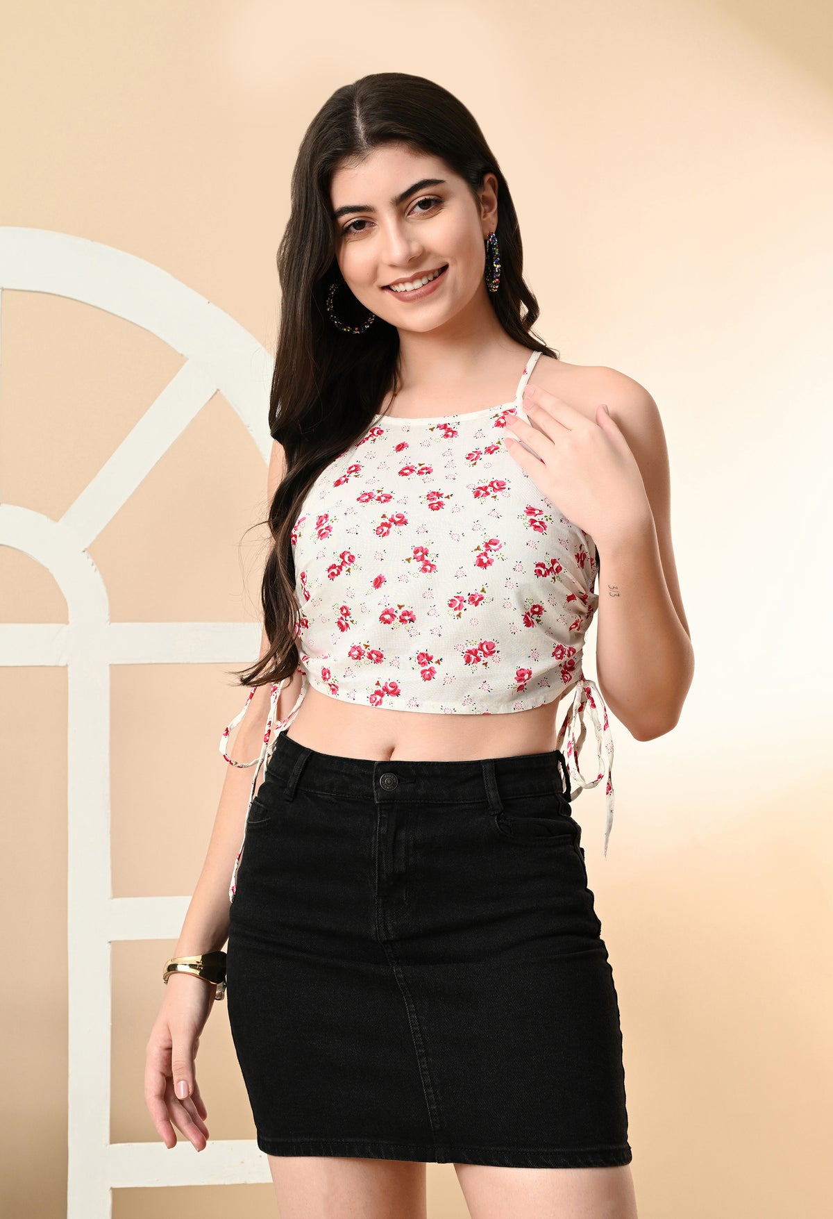 Party Shoulder Straps Floral Print Women White, Red Top