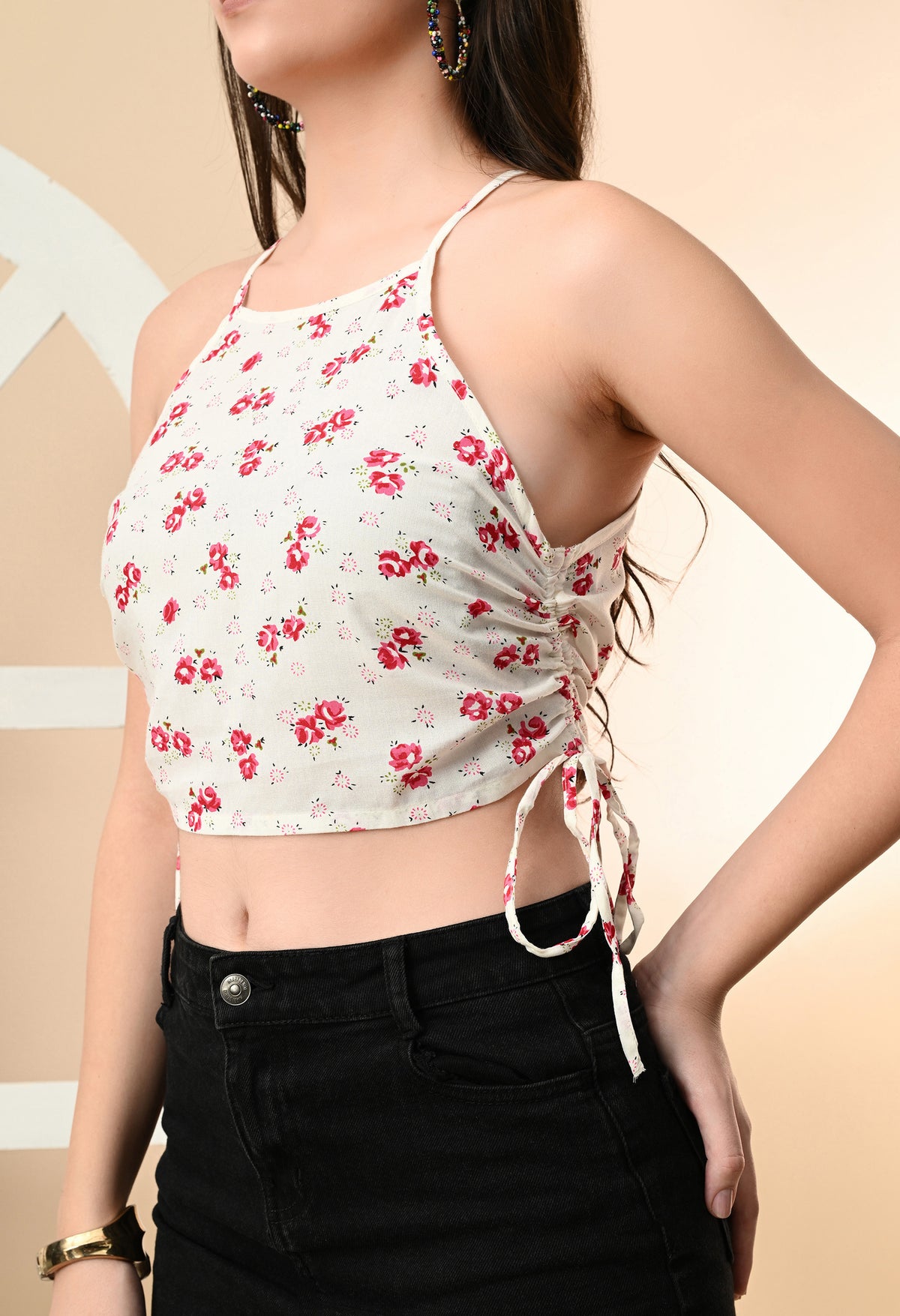 Party Shoulder Straps Floral Print Women White, Red Top