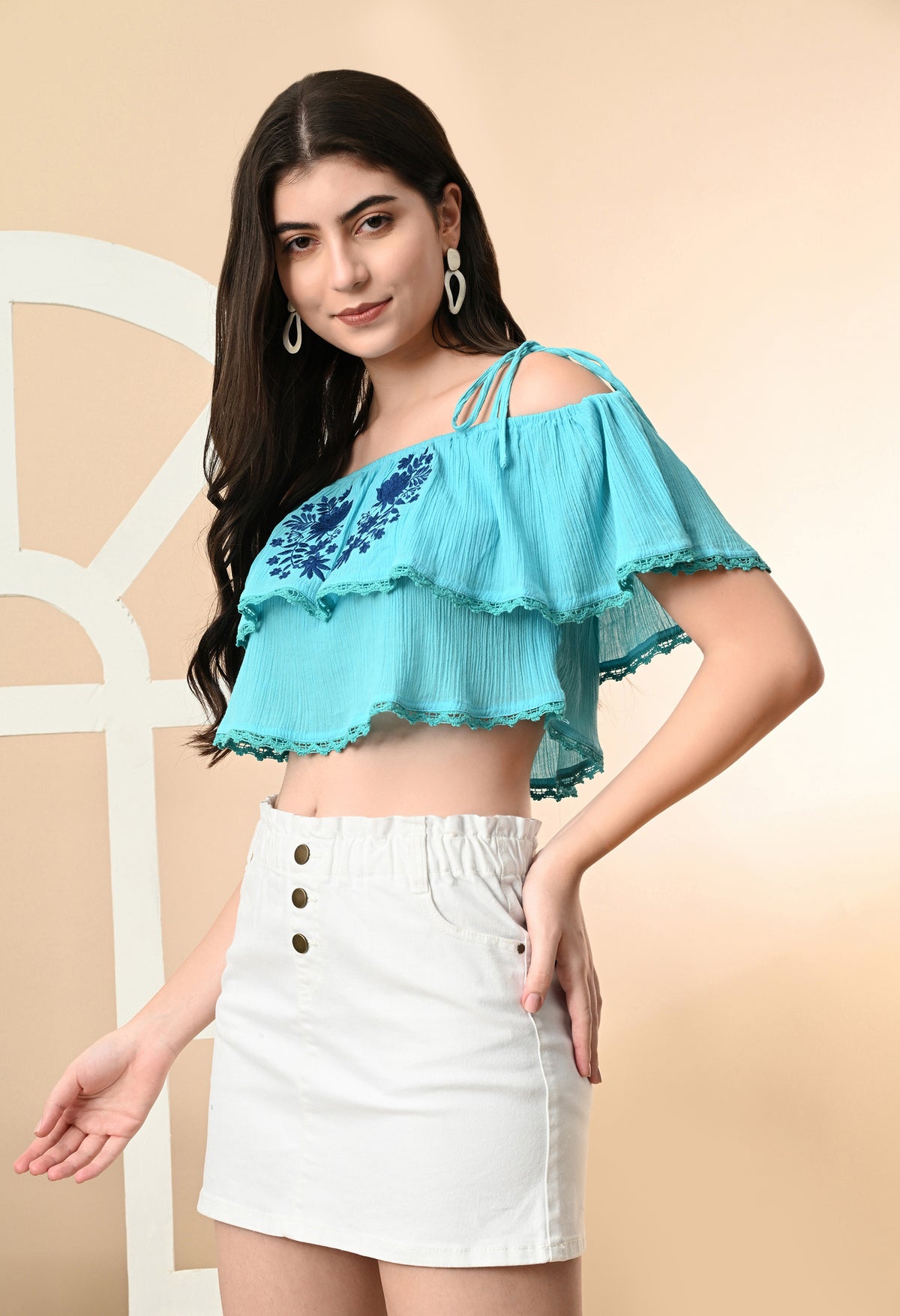 Party Regular Sleeves Self Design Women Dark Blue Top