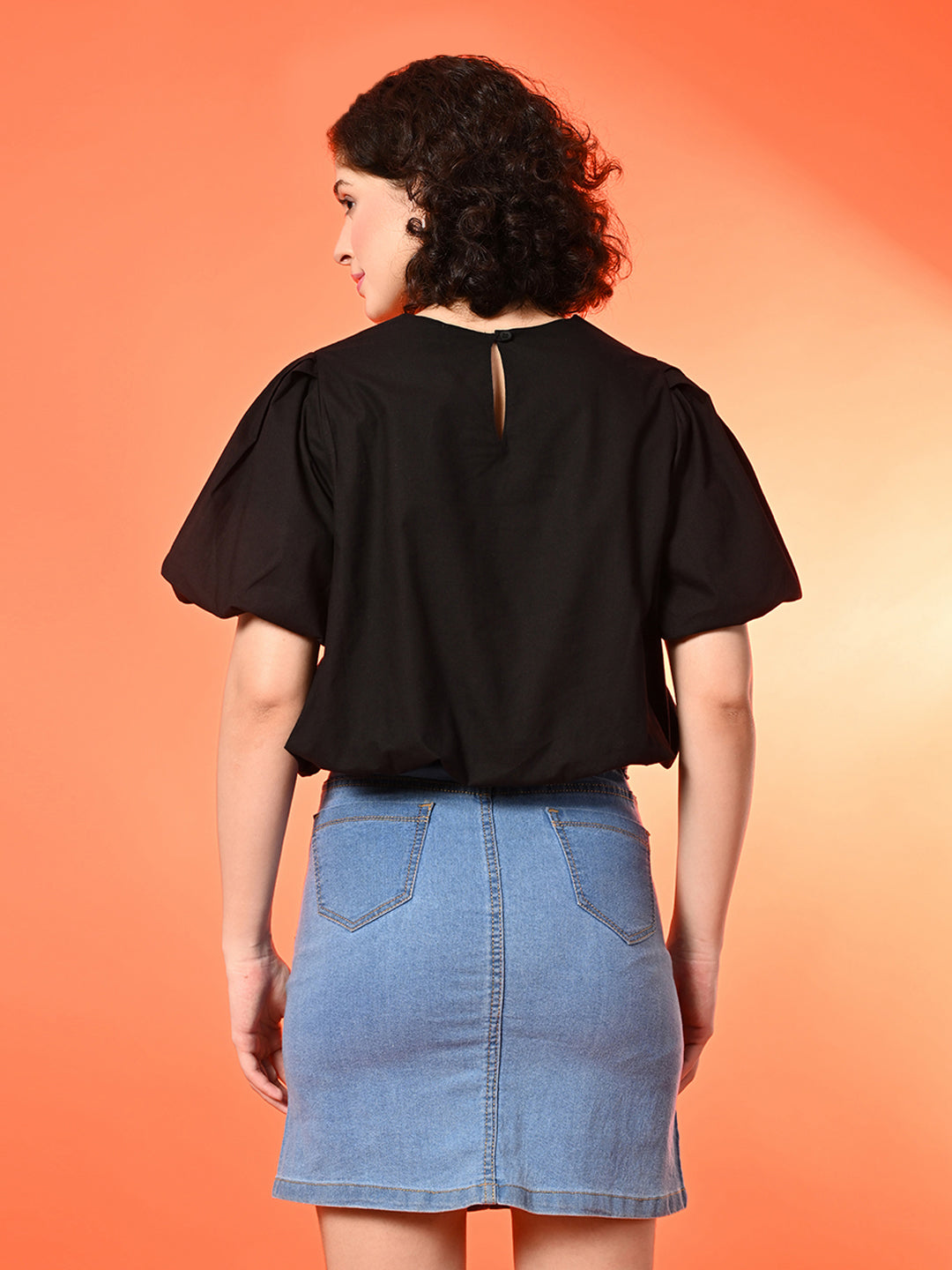 Casual Balloon Sleeve Solid Women Black Top