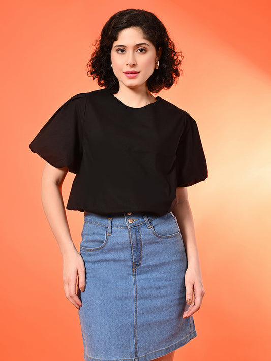 Casual Balloon Sleeve Solid Women Black Top