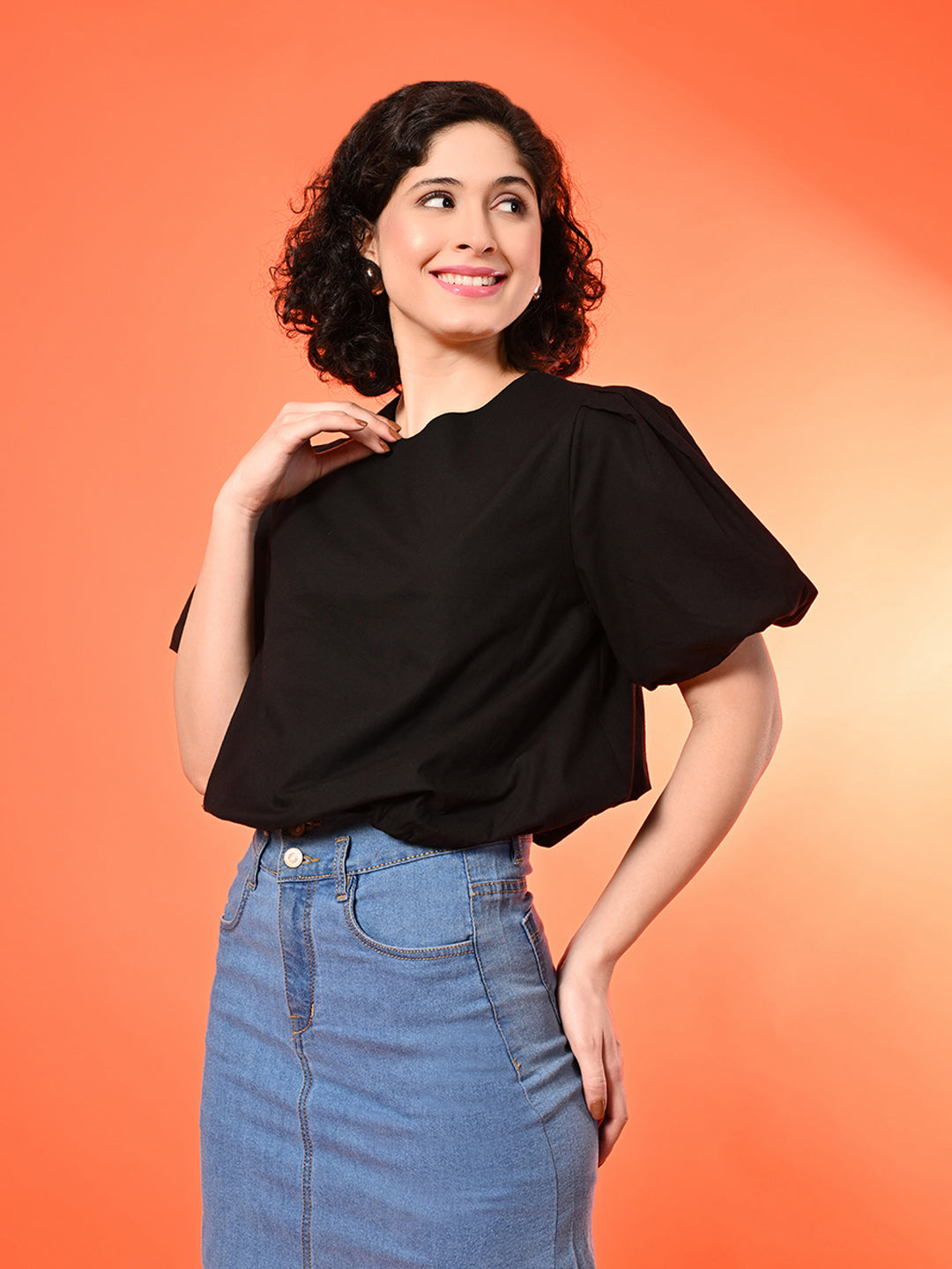 Casual Balloon Sleeve Solid Women Black Top