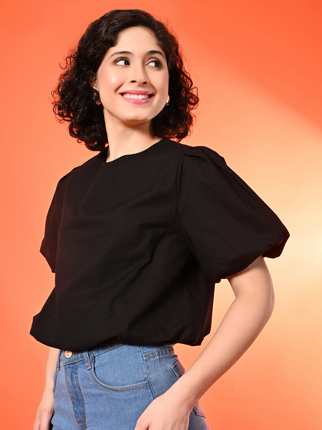 Casual Balloon Sleeve Solid Women Black Top